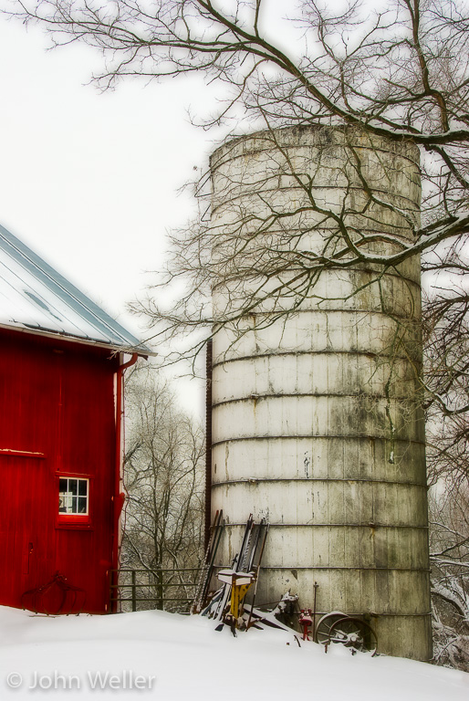 Barn and silo on a snow covered day in southwetern Ohio.